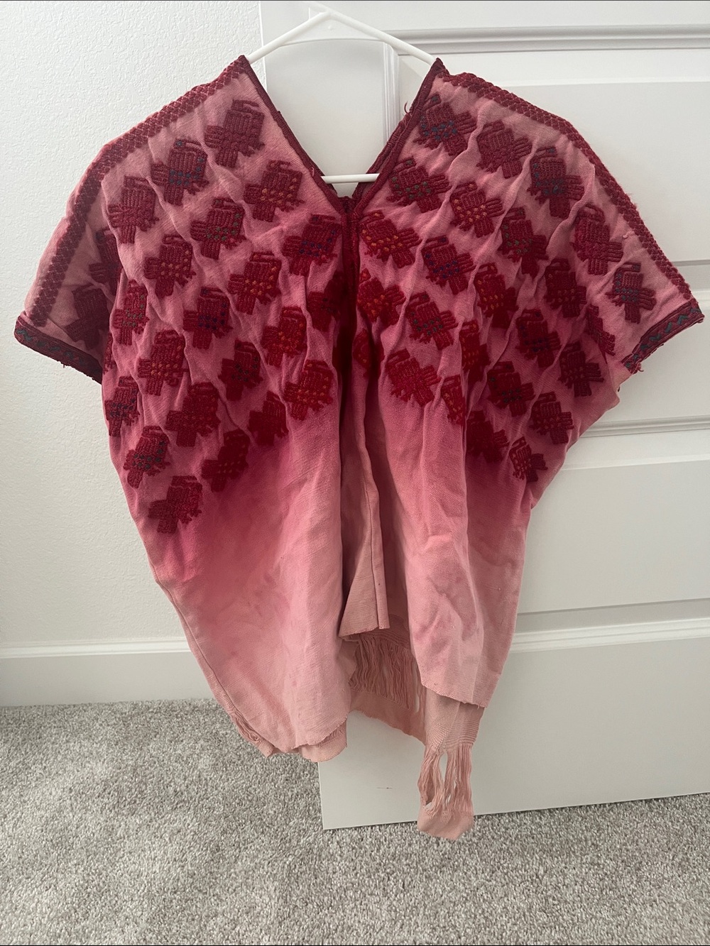 Pink Ombre Embroidered short sleeve Sweater Mexican Poncho handmade cotton small